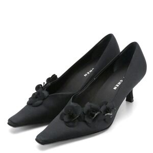 Glory Chen Wm Black Satin Floral Applique Pointed Toe Kitten Heel Pumps 6.5M EUC